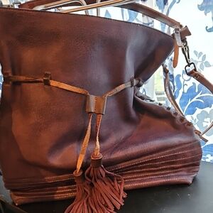 Moda Luxe Brown Leather Tassel Shoulder Bag